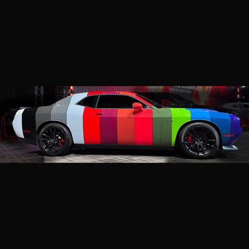 dodge challenger with hi impact color wrap that includes all 14 of the 2023 muscle car's available hues